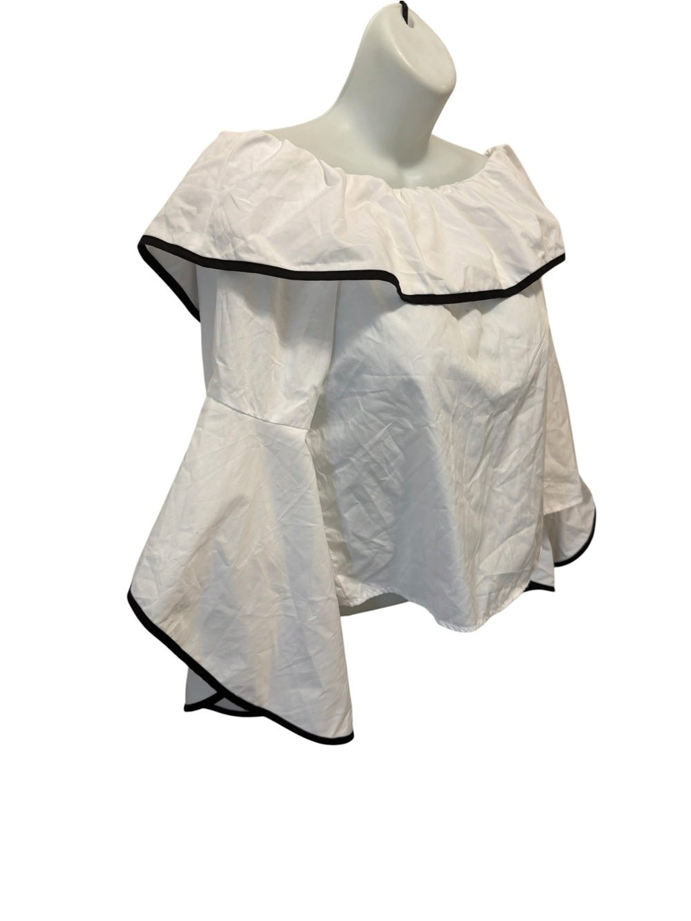 Bleuh Ciel Off Shoulder Ruffled Poplin Top M White Big Flare Sleeve Black Sz M